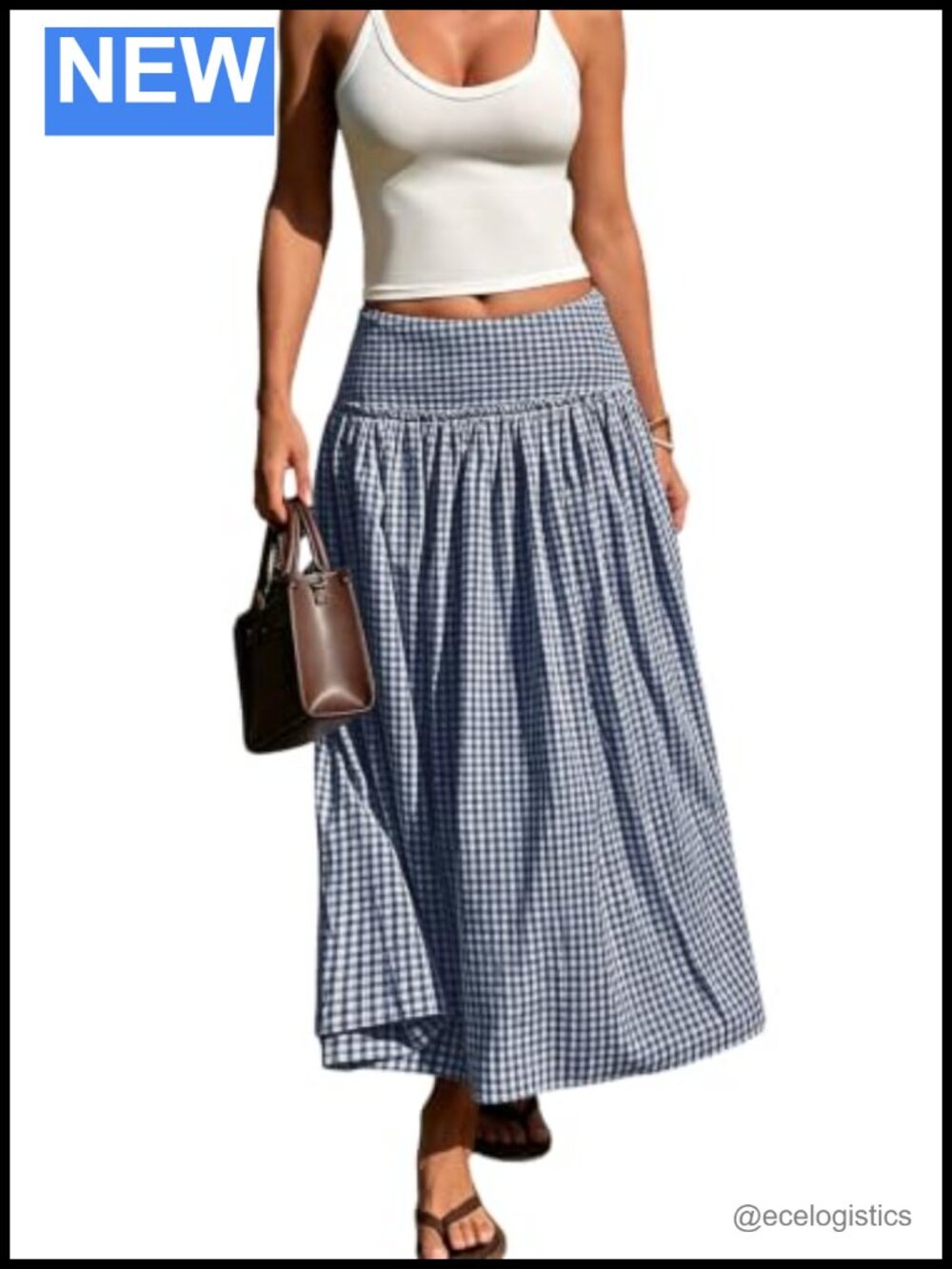 Stretchy High Waist Smocked Gingham Skirt Tiered Ruffle Flowy Midi